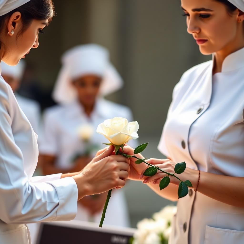 Two nurses passing a white rose during a tribute ceremony